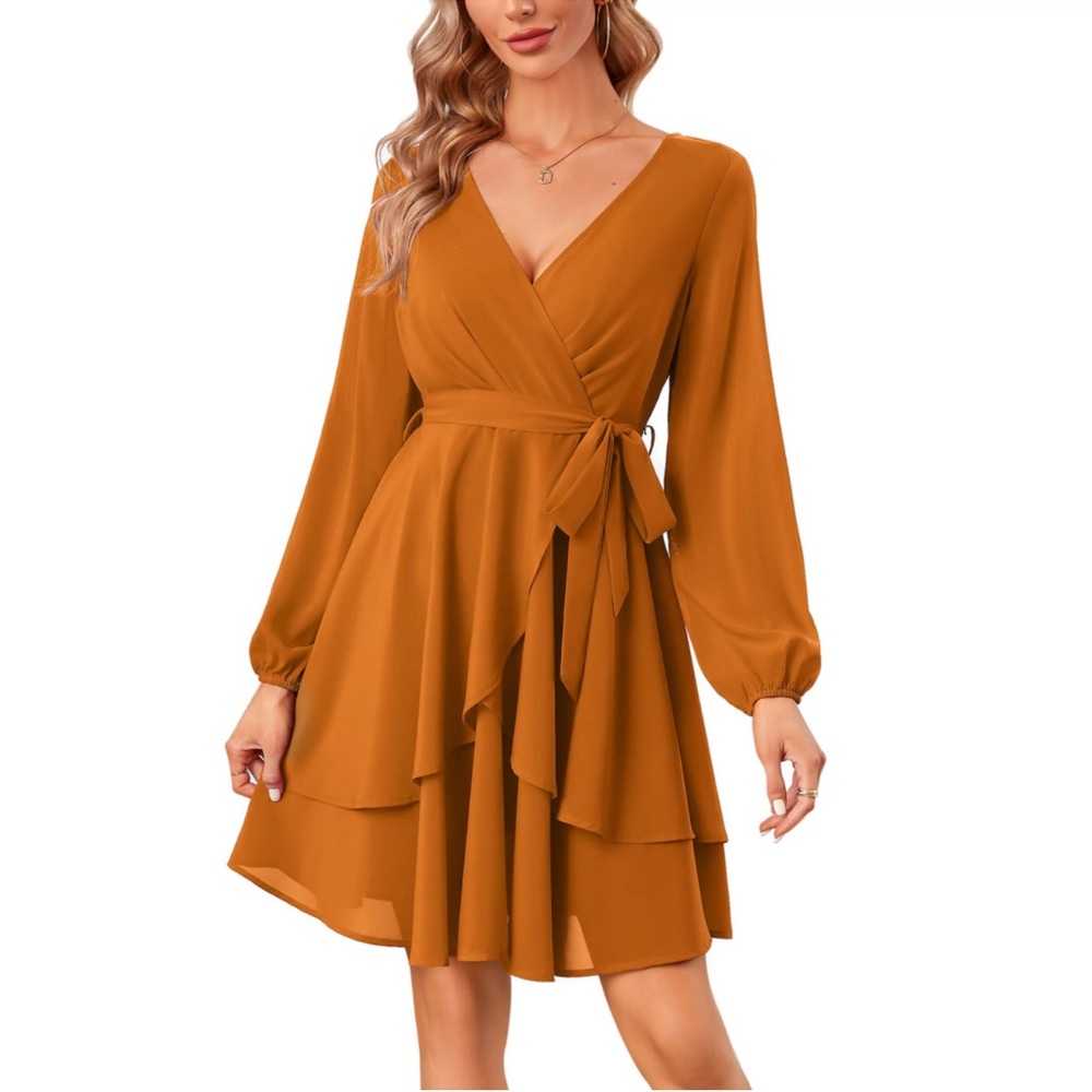 *NWT* Womens V Neck long Sleeve Tie Waist Ruffle Boho Flowy Swing Mini Dress.